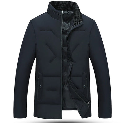 Cozy padded jacket with stand collar and full-zip closure, available in gray, black, and navy blue colors