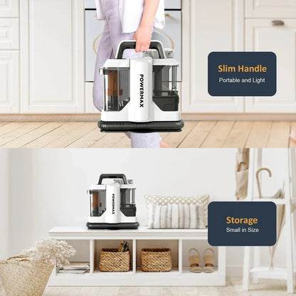 A powerful handheld carpet cleaner with robust suction and large water tanks for efficient cleaning of homes and cars.