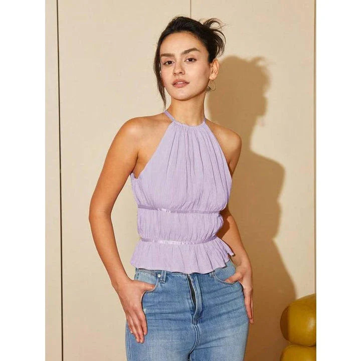 Chic and stylish ruffle hem halter top in Lilac Purple and Baby Blue colors for fashionable women