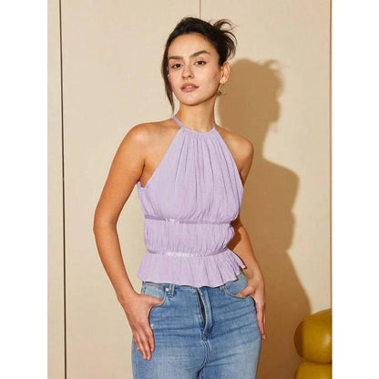 Chic and stylish ruffle hem halter top in Lilac Purple and Baby Blue colors for fashionable women