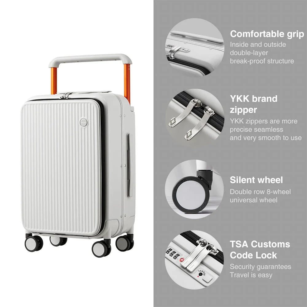 Luxury wide-handle polycarbonate suitcase with front laptop pocket, durable construction, and smooth mobility features