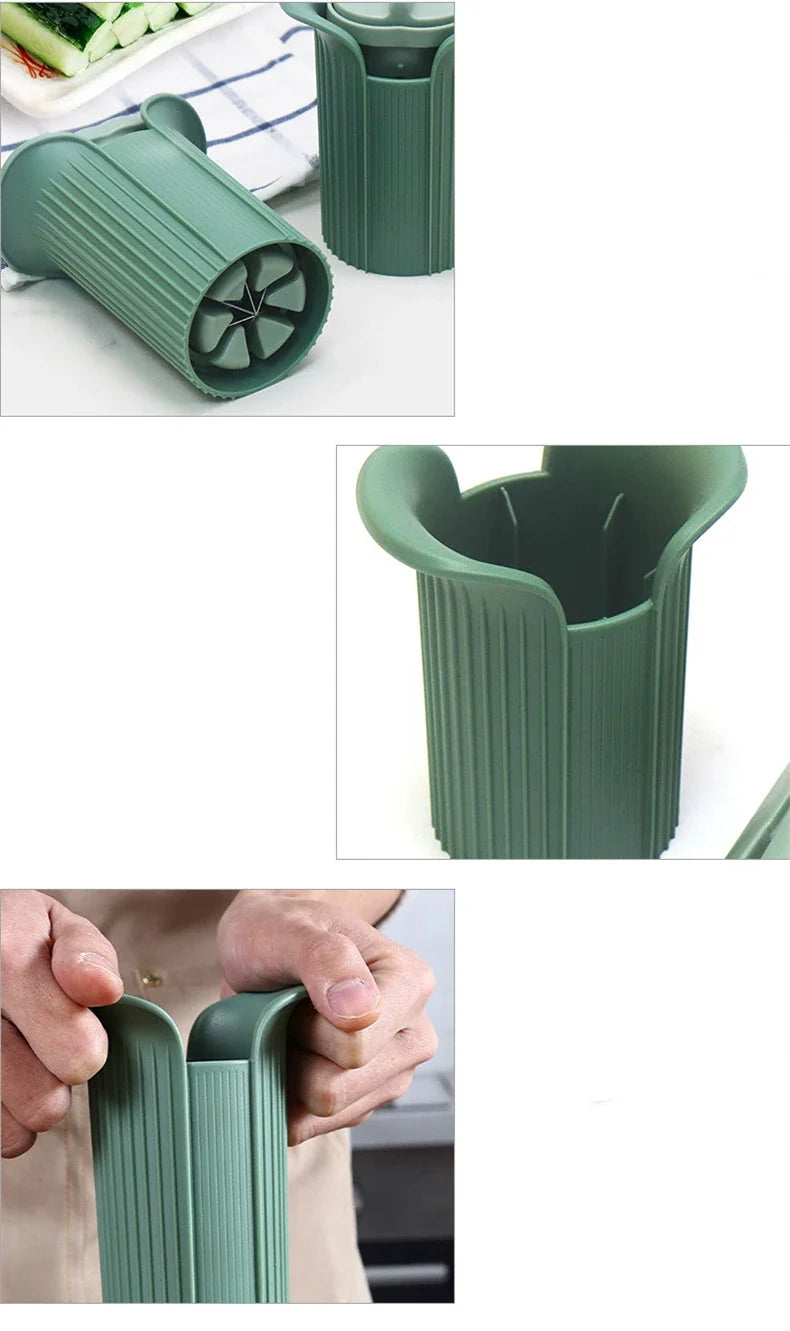 A modern and efficient cucumber slicer with a vibrant green color and a multifunctional design for easy vegetable prep