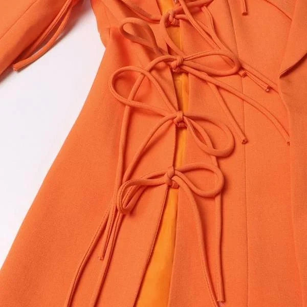 Chic notched collar long sleeve slimming blazer with elegant bowknot detail in orange color