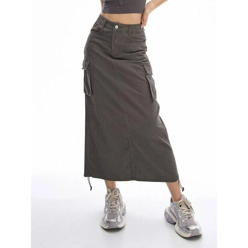 New Cargo Long Skirt - A versatile, mid-calf length skirt with a drawstring waist, pockets, and a flattering A-line silhouette