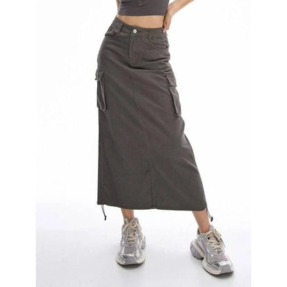 New Cargo Long Skirt - A versatile, mid-calf length skirt with a drawstring waist, pockets, and a flattering A-line silhouette