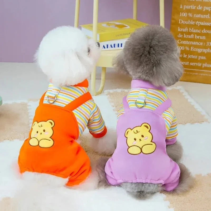 Cozy and stylish striped dog jumpsuit pajamas made of soft, breathable polyester for maximum comfort and warmth