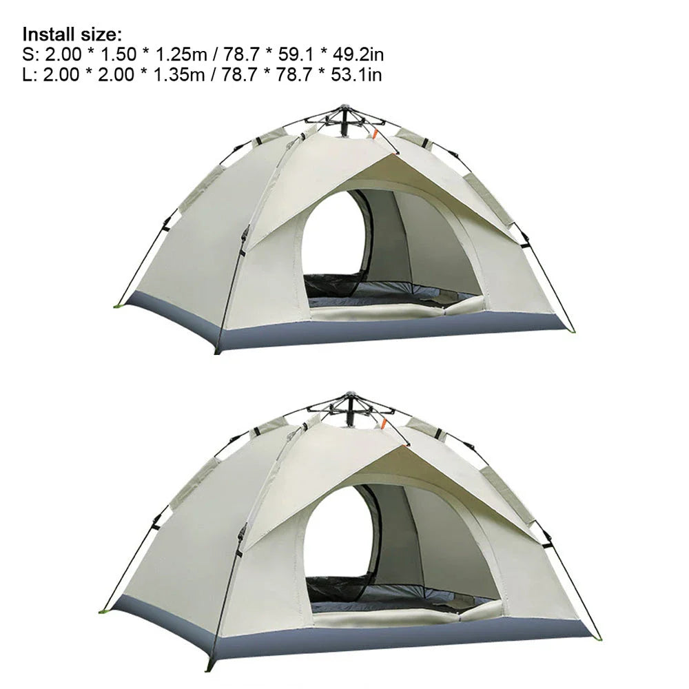 Family camping tent with easy automatic setup, durable 190T polyester fabric, and spacious interior for comfortable outdoor adventures.