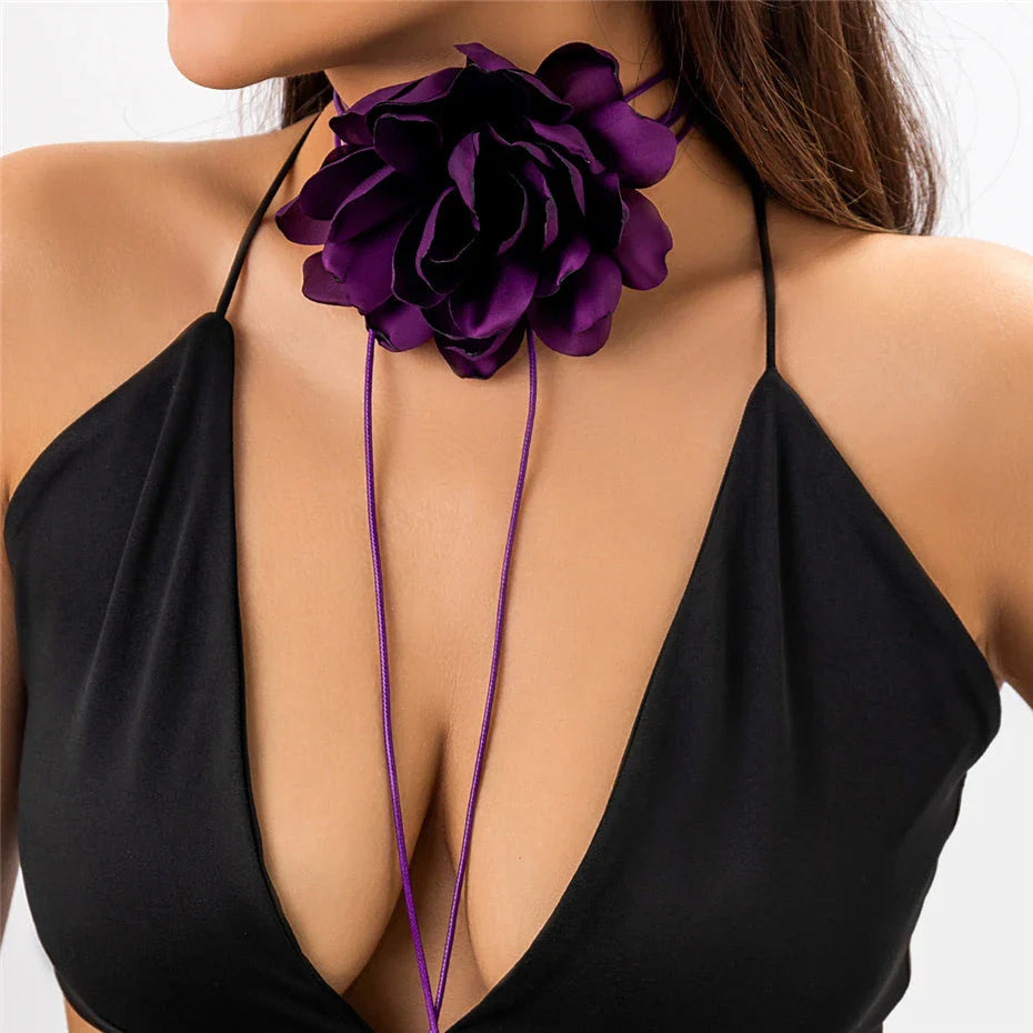 Elegant Rose Flower Statement Choker Necklace for Women - Premium French Velvet, Adjustable Fit, Bold Floral Pendant