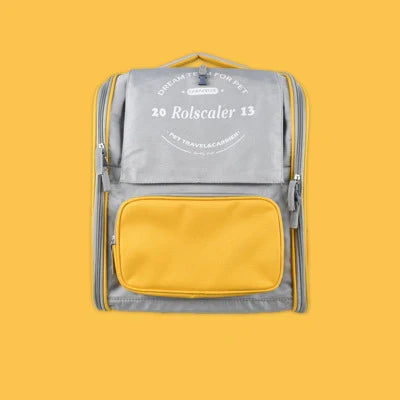 Breathable Oxford cloth pet carrier bag in grey, yellow, and blue colors with double-shoulder straps for comfortable carrying