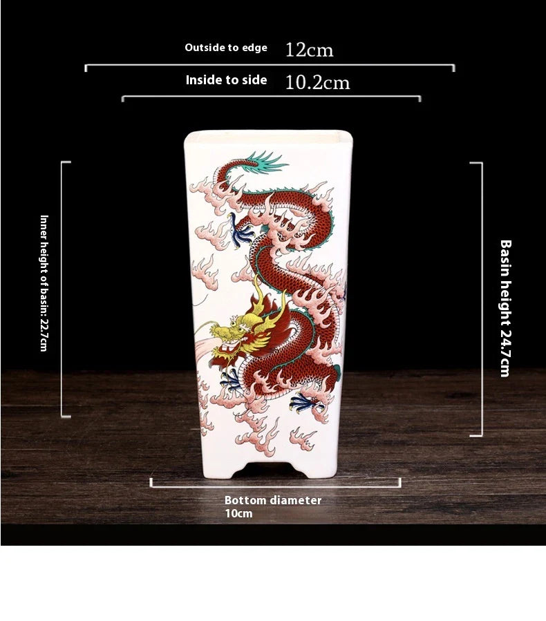 Elegant square ceramic planter in white with a Chinese-inspired design, suitable for indoor plants like asparagus fern and orchid.