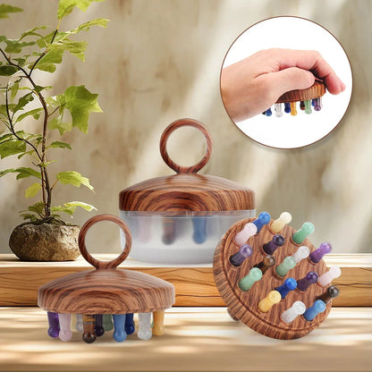 Relaxing Scalp Massage Comb made with Pink Quartz and Green Aventurine stones in a wood grain design
