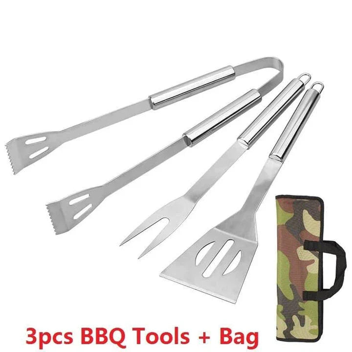 Stainless steel BBQ tool set with fork, tongs, and shovel for outdoor grilling and cooking