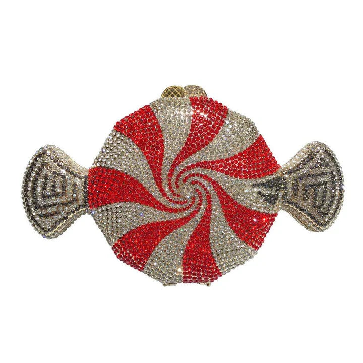 A stylish candy-shaped bag adorned with sparkling rhinestones, featuring a compact and versatile design perfect for everyday use.