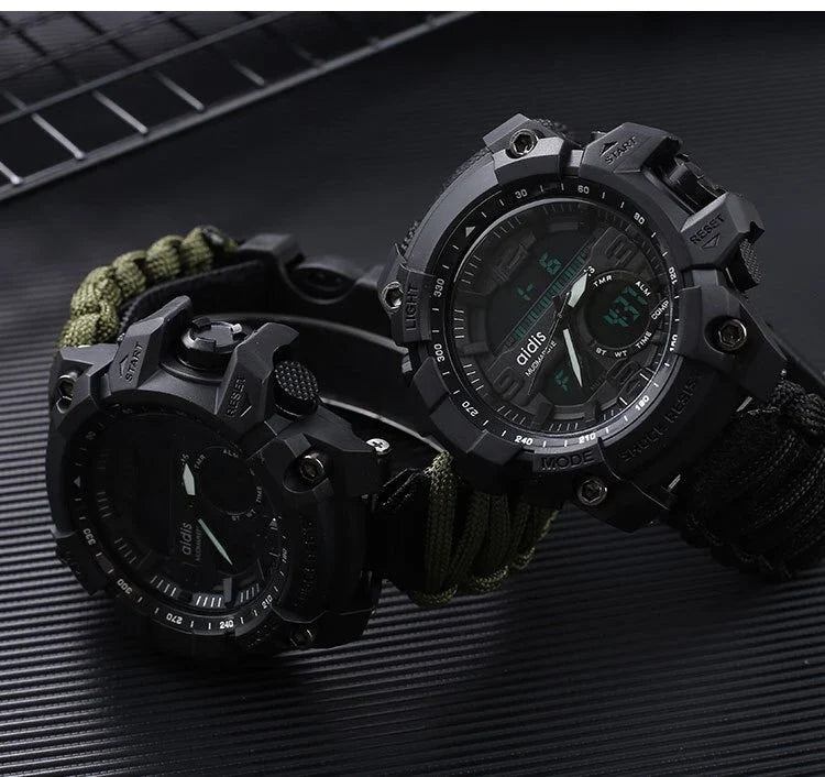 Outdoor survival watch with compass, parachute cord, and water-resistant design for rugged adventures