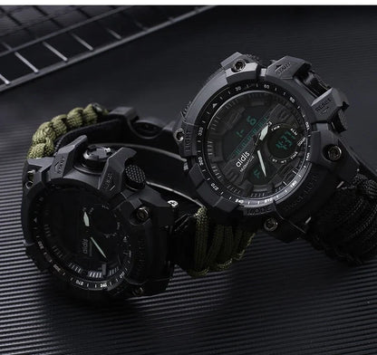 Outdoor survival watch with compass, parachute cord, and water-resistant design for rugged adventures