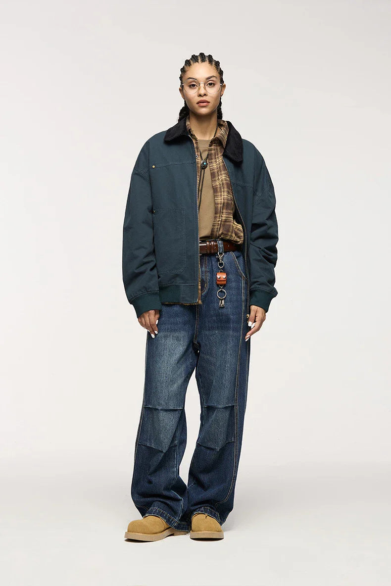 Men's relaxed fit retro straight-leg jeans in black, gray, and denim blue with vintage-inspired details