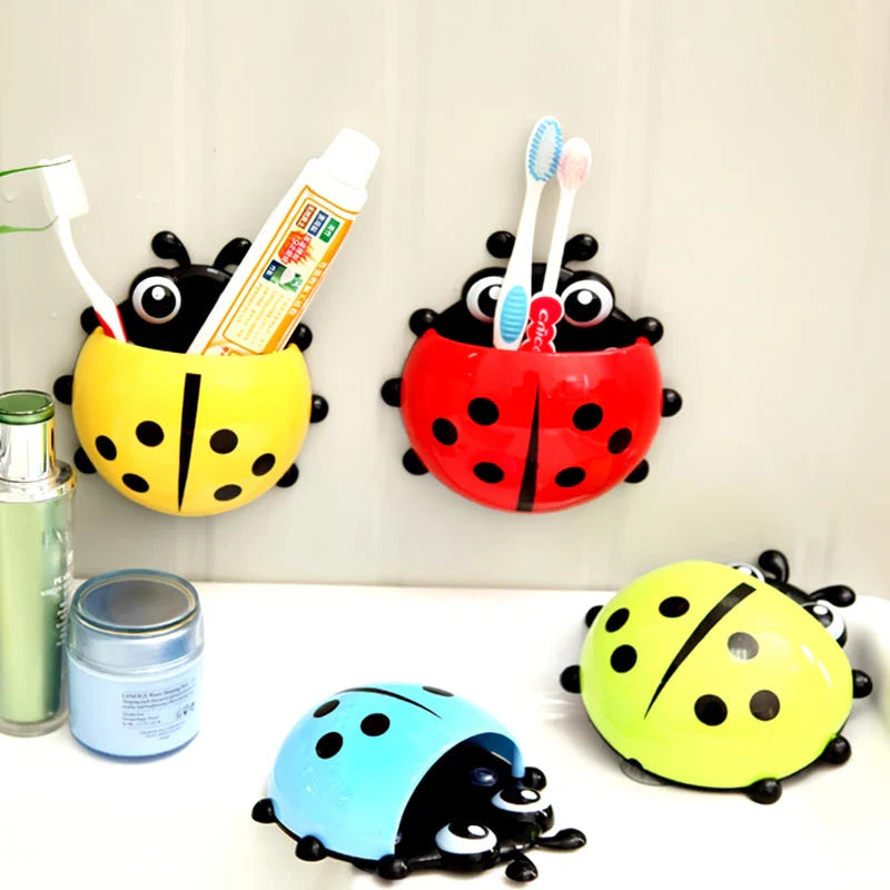 Colorful ladybug-shaped toothbrush holder with suction cup for easy wall mounting and organized storage
