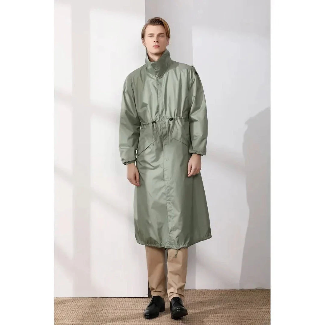 Men's long waterproof raincoat in light green color, made of high-quality Polyester Pongee fabric for durable, breathable, and weather-resistant performance.