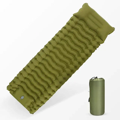 Inflatable camping mattress with built-in pillow and pump for comfortable outdoor sleeping