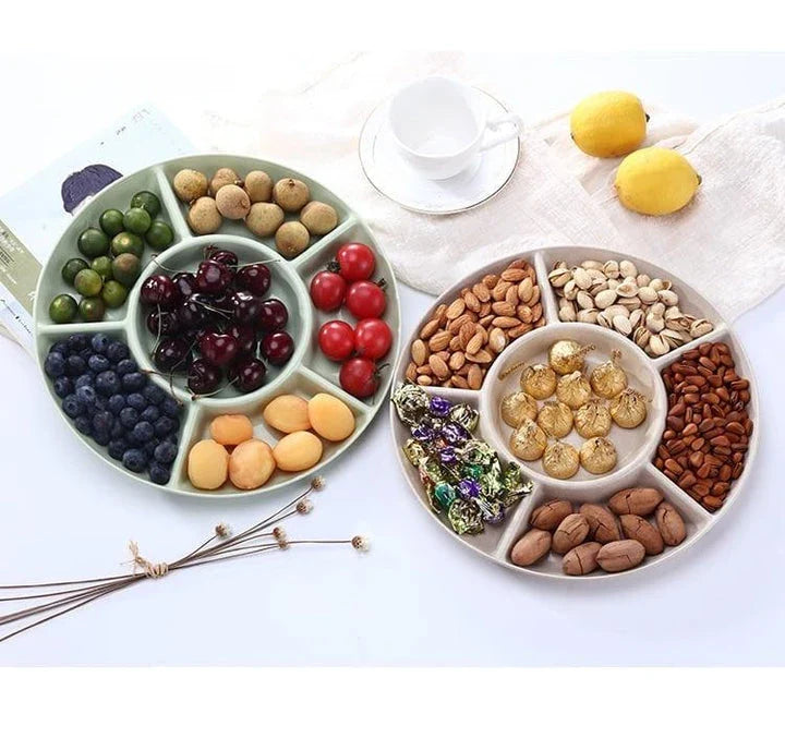 Stylish plastic plate in green and khaki colors, perfect for serving individual snacks or shared platters