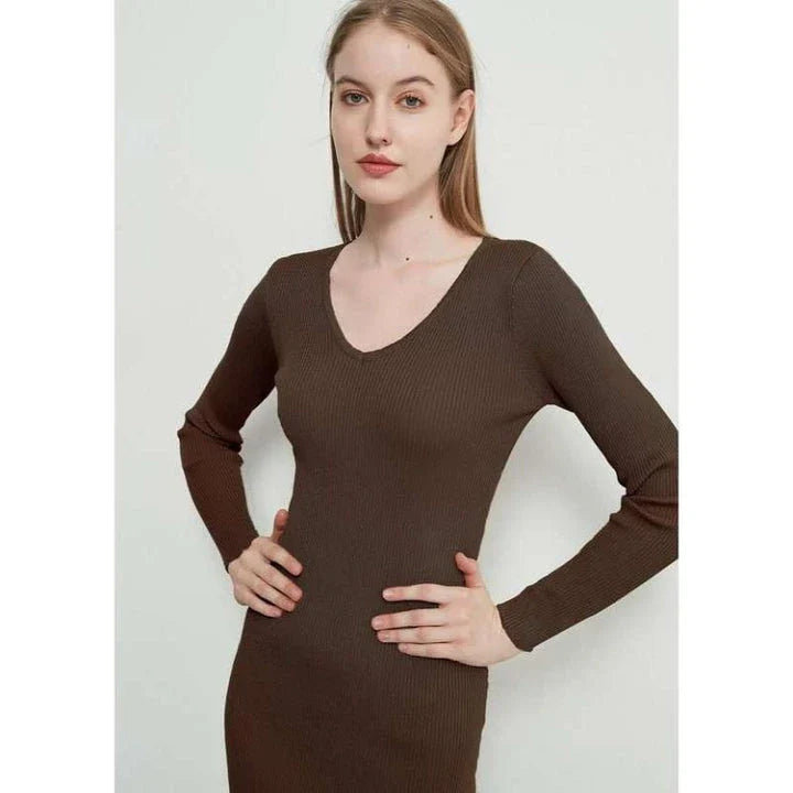Elegant knitted midi dress in beige, black, and brown colors with lace-up details for modern sophistication