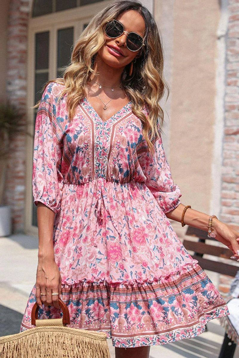 Hhomeenjoy US Chic Bohemian V-Neck Dress with Frill Trim