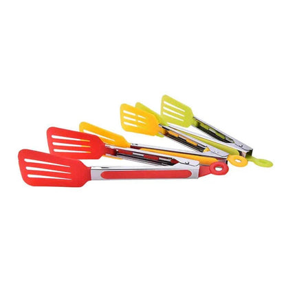 Colorful stainless steel BBQ tongs with silicone grips for secure handling of hot items on the grill