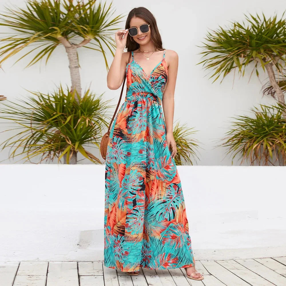 Elegant Bohemian Paisley Print Maxi Dress with spaghetti straps and V-neck, perfect for casual or formal events.