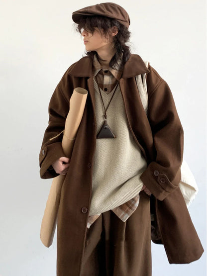 Premium Japanese-inspired retro wool coat in a classic brown color, featuring a single-breasted design and lapel collar for a polished look.