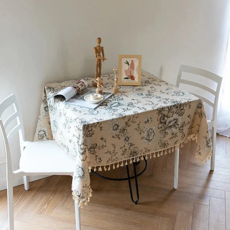 Peony Print Cotton Linen Tablecloth with Tassels for Elegant Home Decor