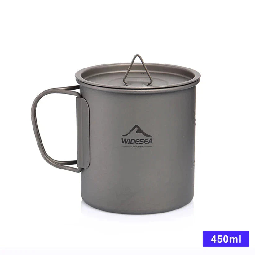 Titanium camping mug with lid, foldable design, available in multiple sizes for outdoor adventures