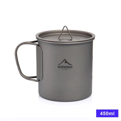 Titanium camping mug with lid, foldable design, available in multiple sizes for outdoor adventures