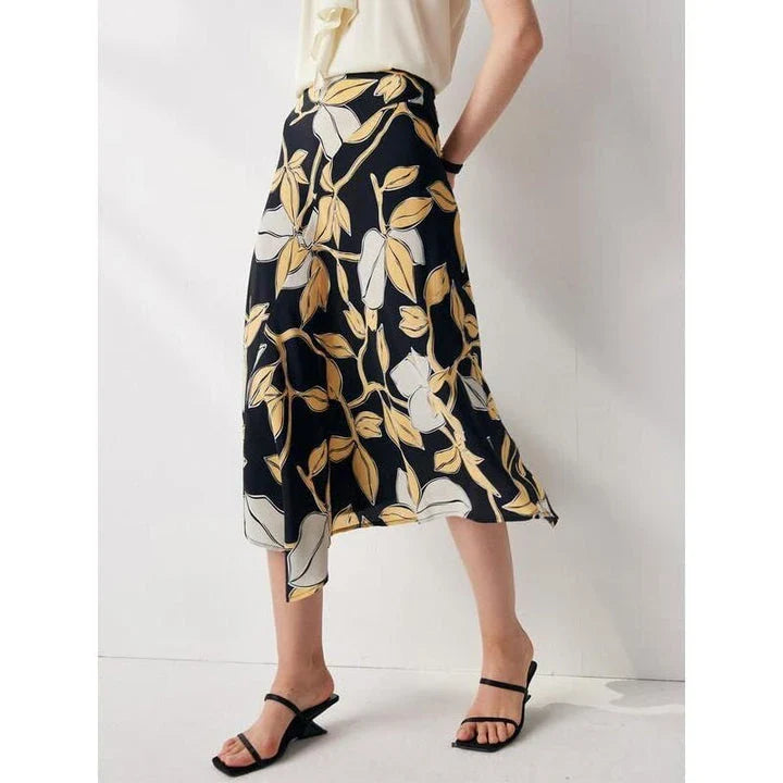 Elegant floral silk A-line skirt with mid-calf length and asymmetrical decoration for timeless style
