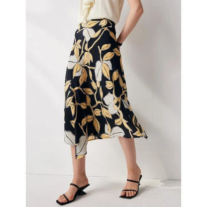 Elegant floral silk A-line skirt with mid-calf length and asymmetrical decoration for timeless style