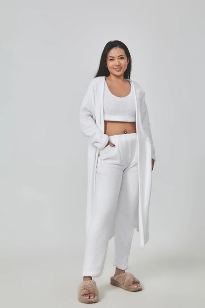 Cozy 3-piece loungewear set in pastel colors including crop top, wide-leg pants, and matching cardigan