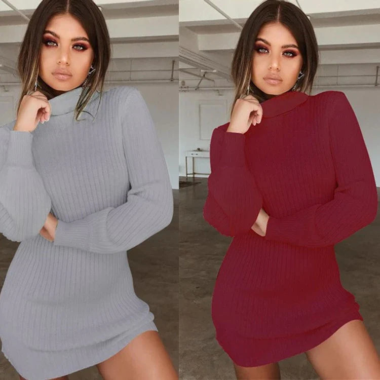 Cozy long sleeve ribbed knit casual dress in solid colors for everyday wear and comfort