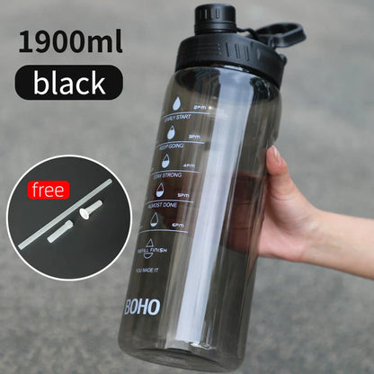 A large 2-liter water bottle with a straw, designed for active lifestyles and everyday hydration needs.