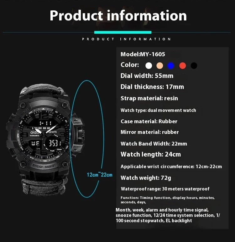 Outdoor survival watch with compass, parachute cord, and water-resistant design for rugged adventures