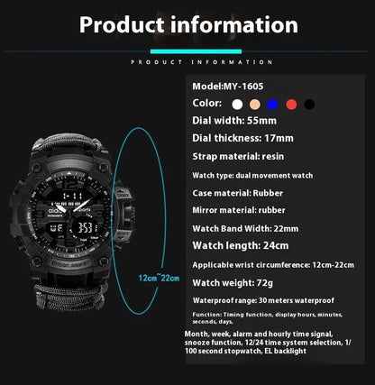 Outdoor survival watch with compass, parachute cord, and water-resistant design for rugged adventures