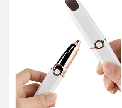 2-in-1 cordless lipstick-style eyebrow trimmer and face shaver in white color, with charging cable and cleaning brush