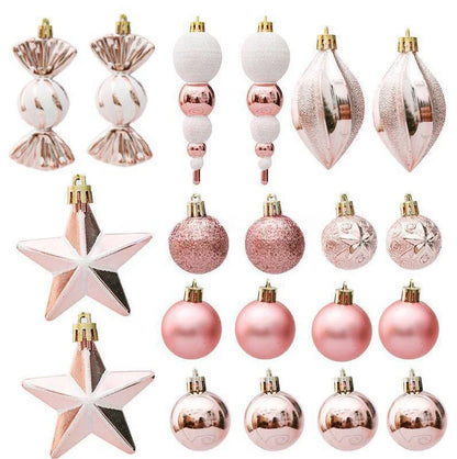 Rose gold Christmas ornaments in a gift box, including gourds and candy canes, for elegant holiday decor