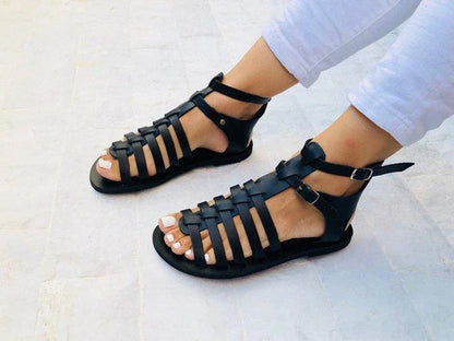 Stylish and comfortable ladies ribbon stitching lace leather roman sandals in black and yellow colors