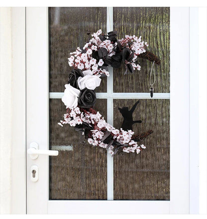 Halloween White Flower Black Rose Dried Wood Moon Cat Garland Ornaments