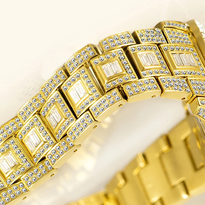 American-designed diamond-encrusted waterproof quartz watch with gold-plated stainless steel construction
