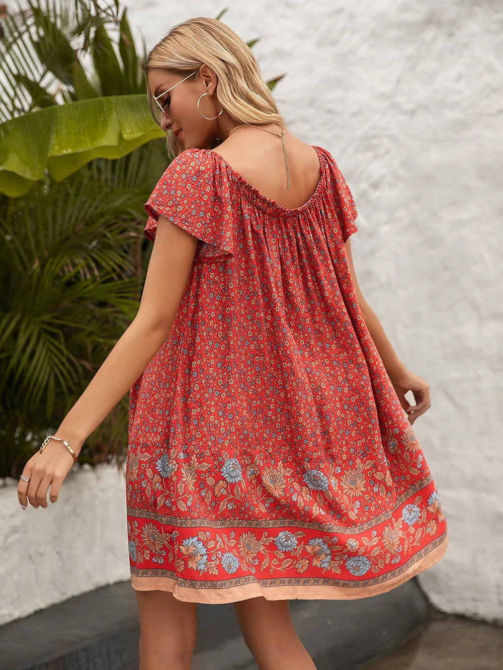 Elegant floral one-line collar dress for women in beige, red, and orange colors