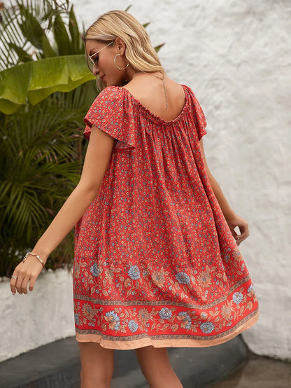 Elegant floral one-line collar dress for women in beige, red, and orange colors