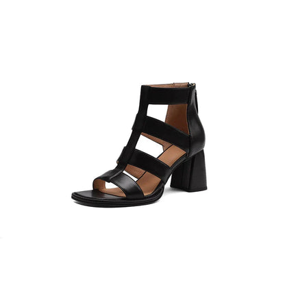 Premium leather gladiator sandals with square heel and adjustable buckle strap for stability and comfort