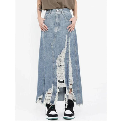 Fashionable high-waist denim skirt with distressed details, offering a stylish and comfortable design for versatile wear.