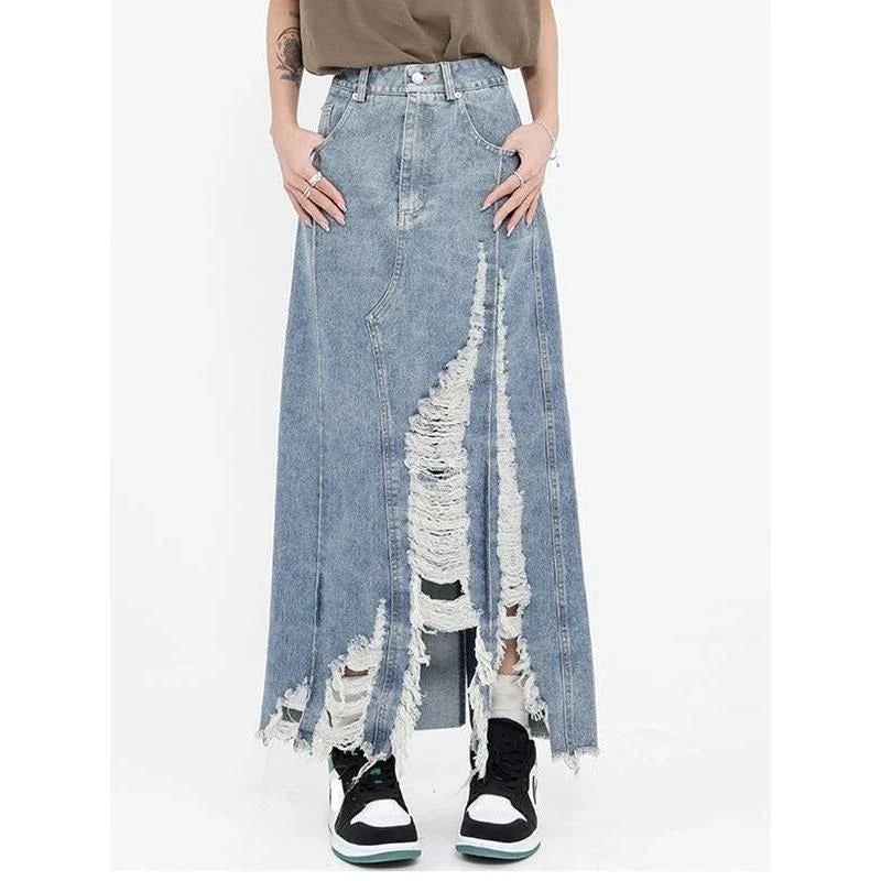 Hhomeenjoy Fashionable High-Waist Denim Skirt with Unique Distressed Details