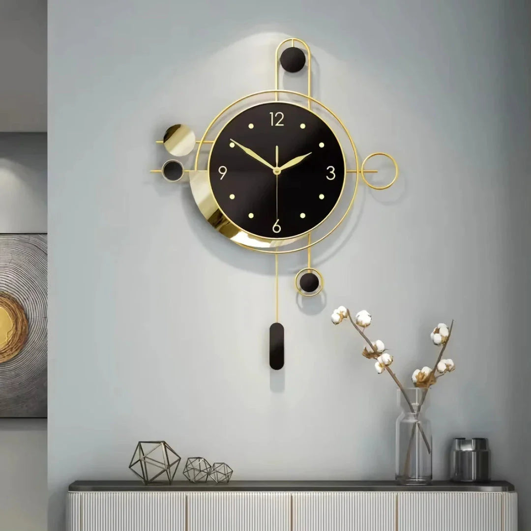 Elegant Art Deco Gold and Black Wall Clock with a captivating pendulum and modern geometric design, perfect for contemporary home decor